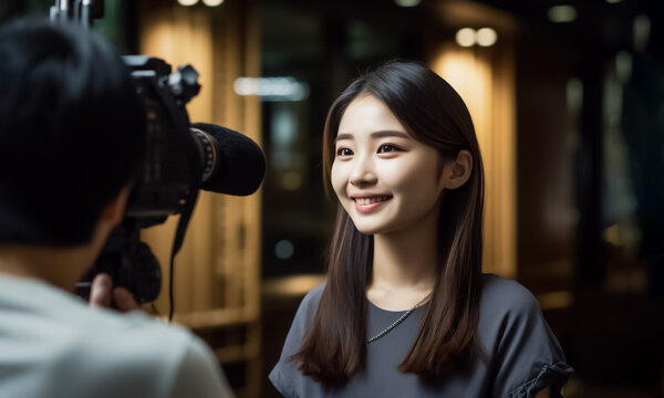 Asian girl is seen interviewing a subject for a news story, showcasing her communication skills and attention to detail. generative AI