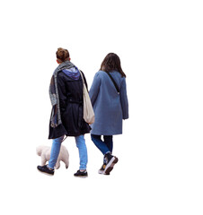 Deux jeunes femmes marchant ensemble, vêtues de manteaux, accompagnées d’un petit chien blanc,...