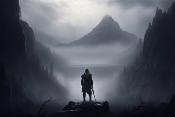 Rear view of a medieval warrior hero with a sword standing against the backdrop of a mountain on a foggy day. Mystical dark fantasy illustration. Generative AI - obrazy, fototapety, plakaty
