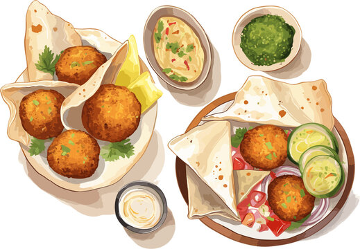 Special Falafel with vegetables hand drawn illustration, traditional middle eastern food