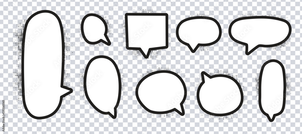 Poster retro empty comic bubbles and elements set with black halftone shadows on transparent background. ve