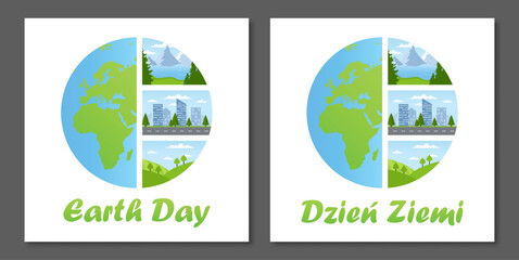 Fototapeta premium Earth Day. Diffrent Landscapes. Mountains, city, fields. Polish and english version.