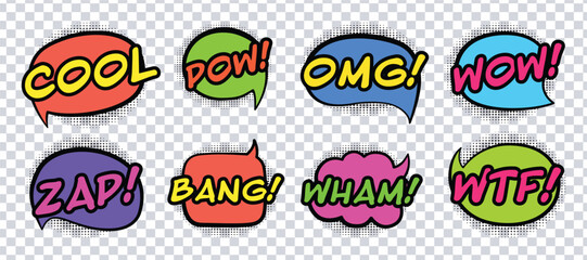 Comic speech bubbles set with different emotions and text Cool, Pow, Omg, Wow, Zap, Bang, Wham, Wtf on on transparent background. Vector.