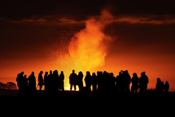 Silhouettes of people around a large bonfire, looking at the fire, Walpurgis night. Uprising, protesting. generative ai