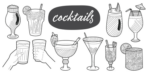 Sketch cocktails, alcohol drinks set. Sketch style. Vector illustration.