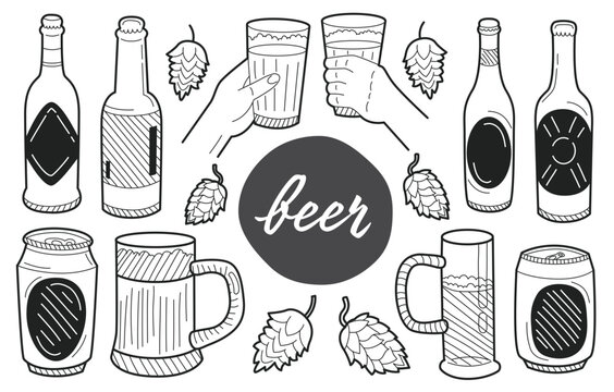 Set of beer glasses and mugs in ink hand drawn style. Sketch style. Vector illustration.