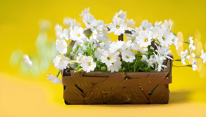 flowers in wooden basket on yellow spring background , Ai generated 