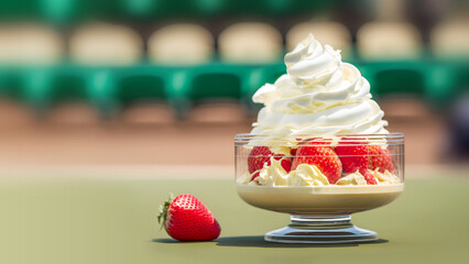 Natural fresh strawberries with ice cream and whipped cream in a glass cream bowl on blurred tennis court background. Food symbol of Wimbledon Grand Slam competition. Copy space. Generative ai
