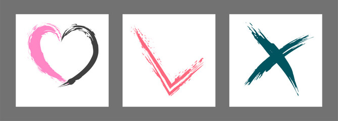 The cross, heart and OK symbol are hand-drawn with a brush. Prohibition, denial, error. Love. Approval, consent. Vector, set of 3 characters