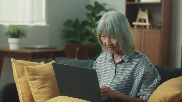 Attractive elderly woman using laptop working, typing, texting with family or friends. Beautiful happy grandma smile chatting using chat application technology sit on sofa in cozy living room