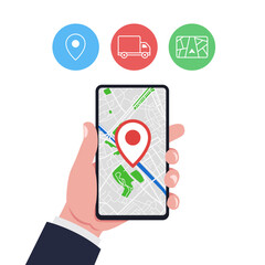 Hand holding smartphone smart phone with app delivery tracking and navigation icons. Vector.