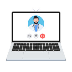 Laptop with online doctor consultation on screen. Concept of online medicine. Male doctor avatar with black hair on screen. Vector illustration.