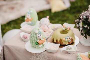 Closeup shot of the colorful cake eggs for Easter celebration