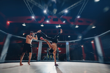 MMA Boxers fighters in fights without rules in ring octagon, motion blur, dark background