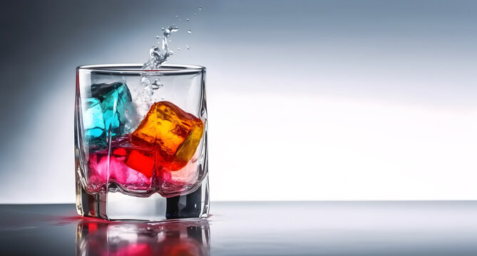 Colorful ice cubes in whisky glass. Cooling feeling.