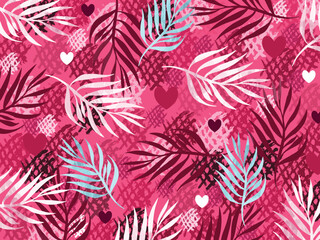 Pink botanical leaves and heart abstract brush hatching decorative pattern isolated on horizontal landscape template. Vector wallpaper background for gift wrap, poster, paper or scarf textile prints.