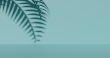 Fototapeta na wymiar Blurred shadow of tropical palm leaves on light turquoise wall.Copy space 3d rendering