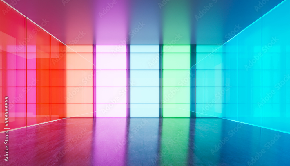 Poster 3d empty modern multiple purpose room space with colored gradient transparent glass wall