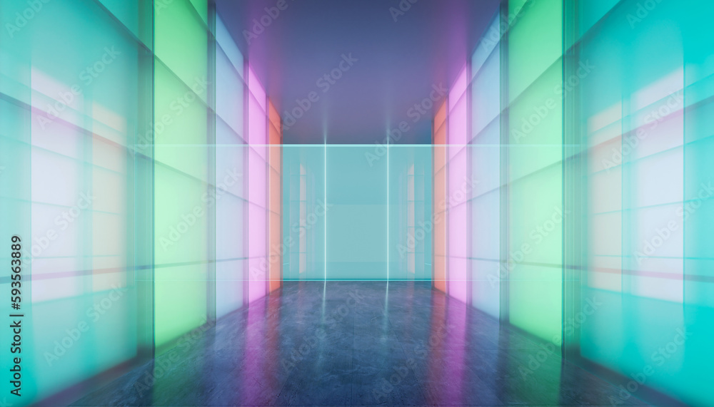 Poster 3d empty modern multiple purpose room space with colored gradient transparent glass wall