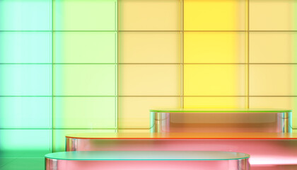 Colored gradient transparent glass wall and glass material round stage