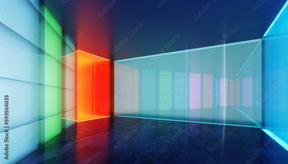 Poster 3d empty modern multiple purpose room space with colored gradient transparent glass wall