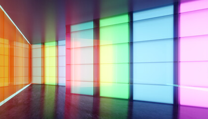 Colored gradient transparent glass wall and luminous glass billboard