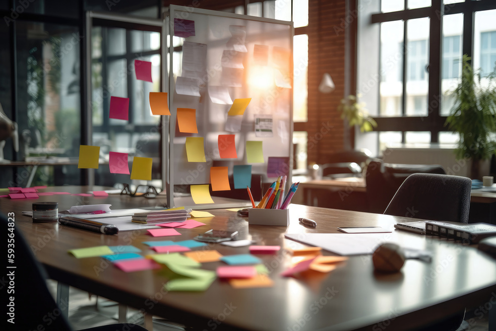 Poster sticky notes on the table defocused office in the background. generative ai