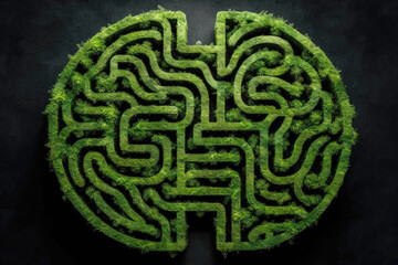 Green Labyrinth Shaped Like Brain, Top View. Generative AI