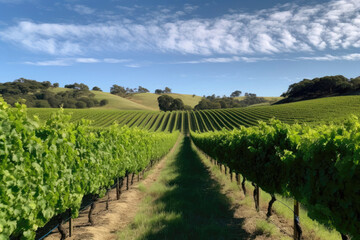 Rows Of Green Grapevines On Rolling Hills With Blue Sky Overhead. Generative AI