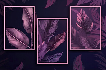 Set 3 Purple Square Frame With Painting Of Lush Leaves. Generative AI
