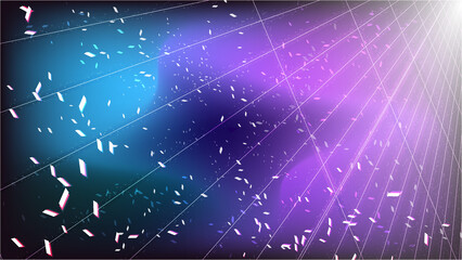 Neon abstract particles background of shining, sparkling particles with glowing geometric lines. shining light on nebula color background.