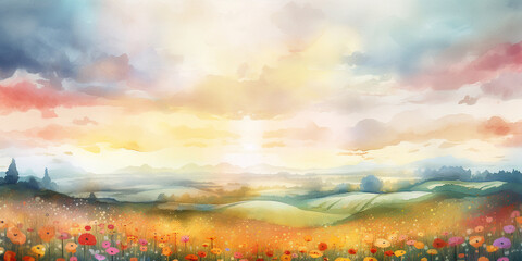 Summer Blooms: A Pastel Watercolor Painting of a Flowery Meadow