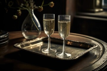 Two Champagne Glasses On Tray. Generative AI