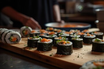 Vegan Sushi Defocused Chef In The Background. Generative AI
