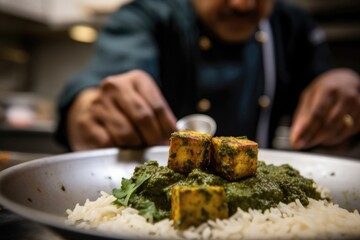 Vegan Saag Paneer Defocused Chef In The Background. Generative AI