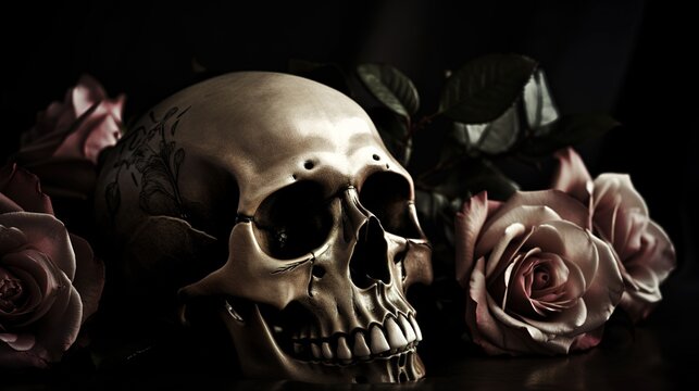 Skull with roses. Human Skull in Beautiful Flowers. Halloween images. Day of the Dead. Generative ai