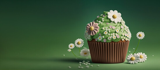 Spring Holiday cupcakes with flowers and sprinkles for a party. Generative AI. A place for your text. Green background.