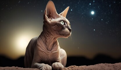 The Enchanting Sphinx Cat Gazing at the Mystical Moon and Starry Sky. Generative ai