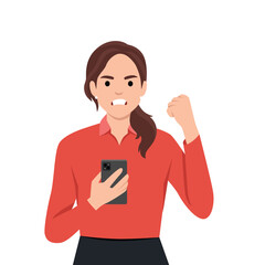 Angry businesswoman speaking on smartphone and shouting or screaming and raising fist gesture. Technology. Flat vector illustration isolated on white background