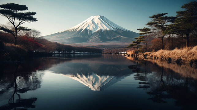 Mt Fuji in the early morning with reflection on the lake kawaguchiko. ai generative