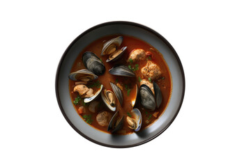 Zuppa Di Pesce On White Plate, Top View. On An Isolated Transparent Background, Png. Generative AI