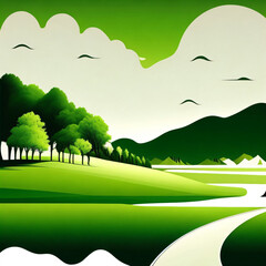 landscape with trees and mountains, green field, bright sky. Created using generative AI.
