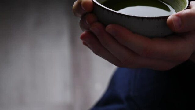 Matcha green tea powder, tea ceremony, close uo view