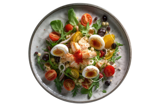 Insalata Di Mare On White Plate, Top View. On An Isolated Transparent Background, Png. Generative AI