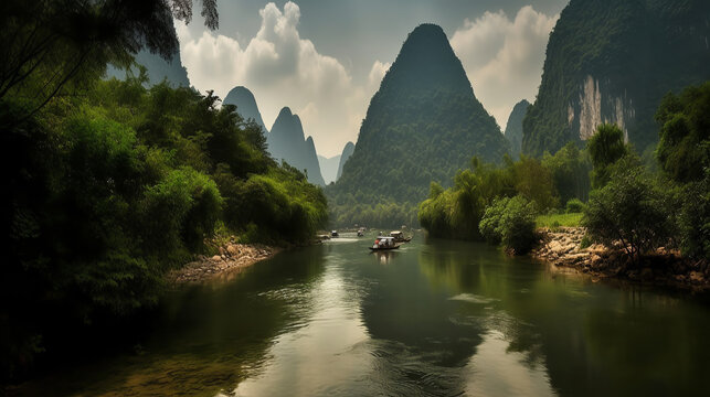 Beautiful mountain scenery of Yu Long karst river in Yangshuo Guilin, China. ai generative
