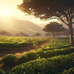 Beauty of Sunlit Tea Fields in a Serene and Tranquil Rural Landscape. generative ai