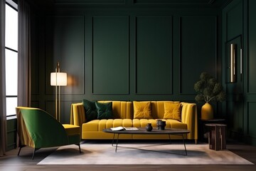 interior background style furniture brick green cosy white luxury loft indoor three-dimensional yellow. Generative AI.