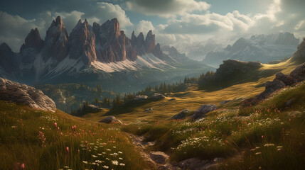 dramatic landscape beauty of Dolomites mountain range in Italy. ai generative