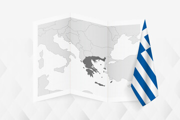 A grayscale map of Greece with a hanging Greek flag on one side. Vector map for many types of news.