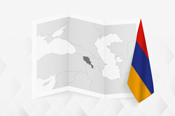 A grayscale map of Armenia with a hanging Armenian flag on one side. Vector map for many types of news.